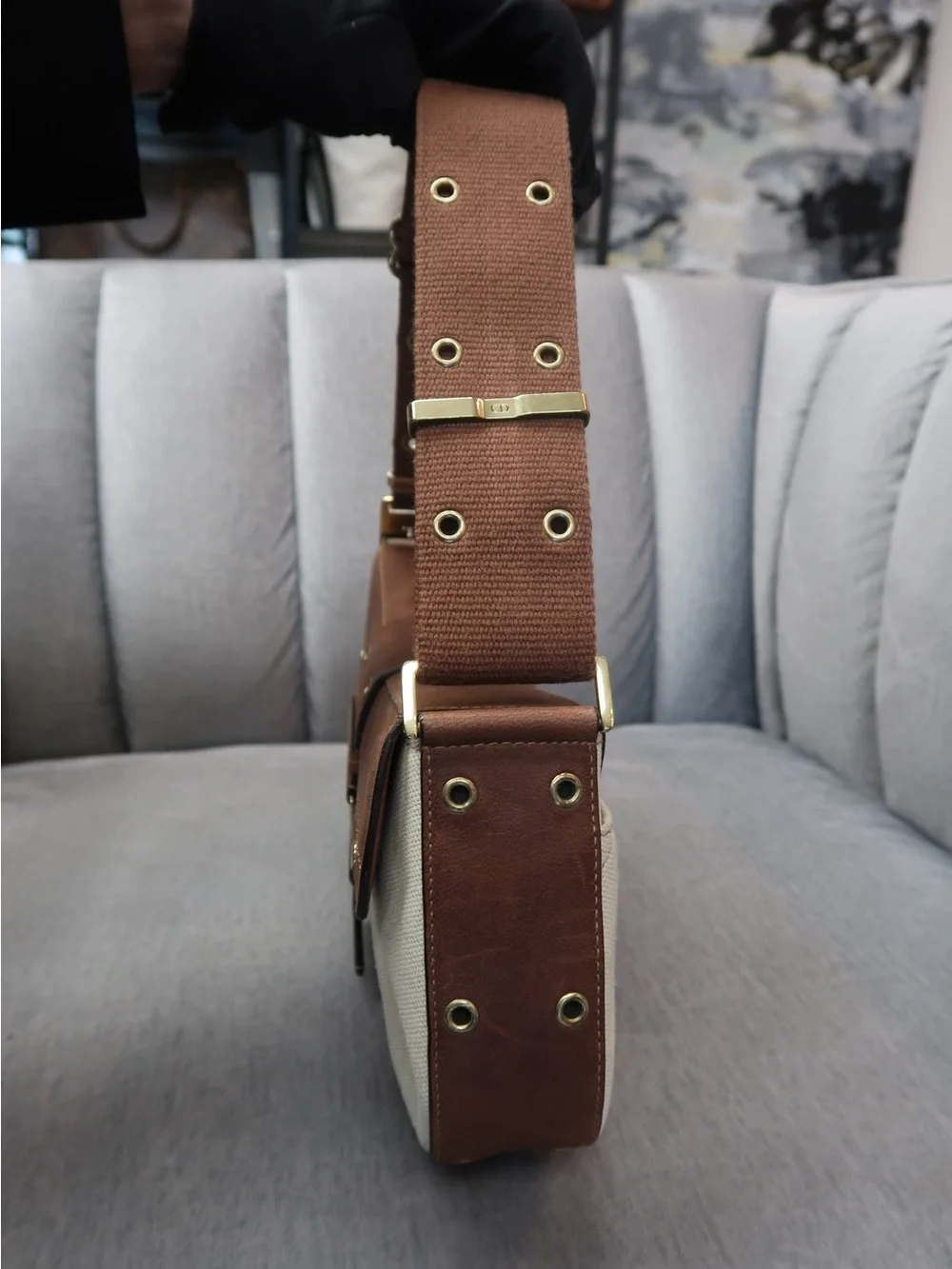 Dior Brown & Cream Canvas Shoulder Bag with Gold Hardware - Picture 7 of 10